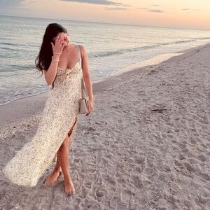 Cream Floral Maxi Dress with Front Slit